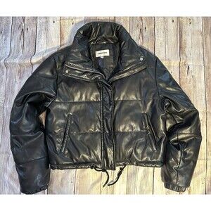 Vigoss Black Faux Leather Puffer Jacket Cropped Bubble Coat Womens M